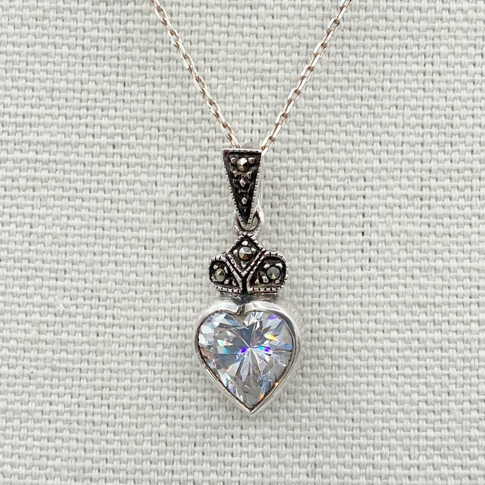Vintage 925 Sterling Silver Marcasite Cubic Zirconia Heart Pendant Necklace
